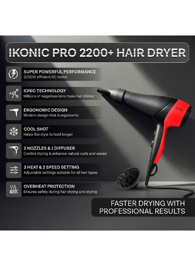 أي كونيك مجفف شعر Ikonic Pro 2200+، بقدرة 2200 واط مع محرك AC قوي، تقنية الأيونات، سرعتان و3 إعدادات للحرارة، زر هواء بارد (Cool Shot)، ضوضاء منخفضة، مع موزّع هواء وفوهة، مناسب للنساء والرجال، أحمر وأسود، مناسب لجميع أنواع الشعر. - Image 5